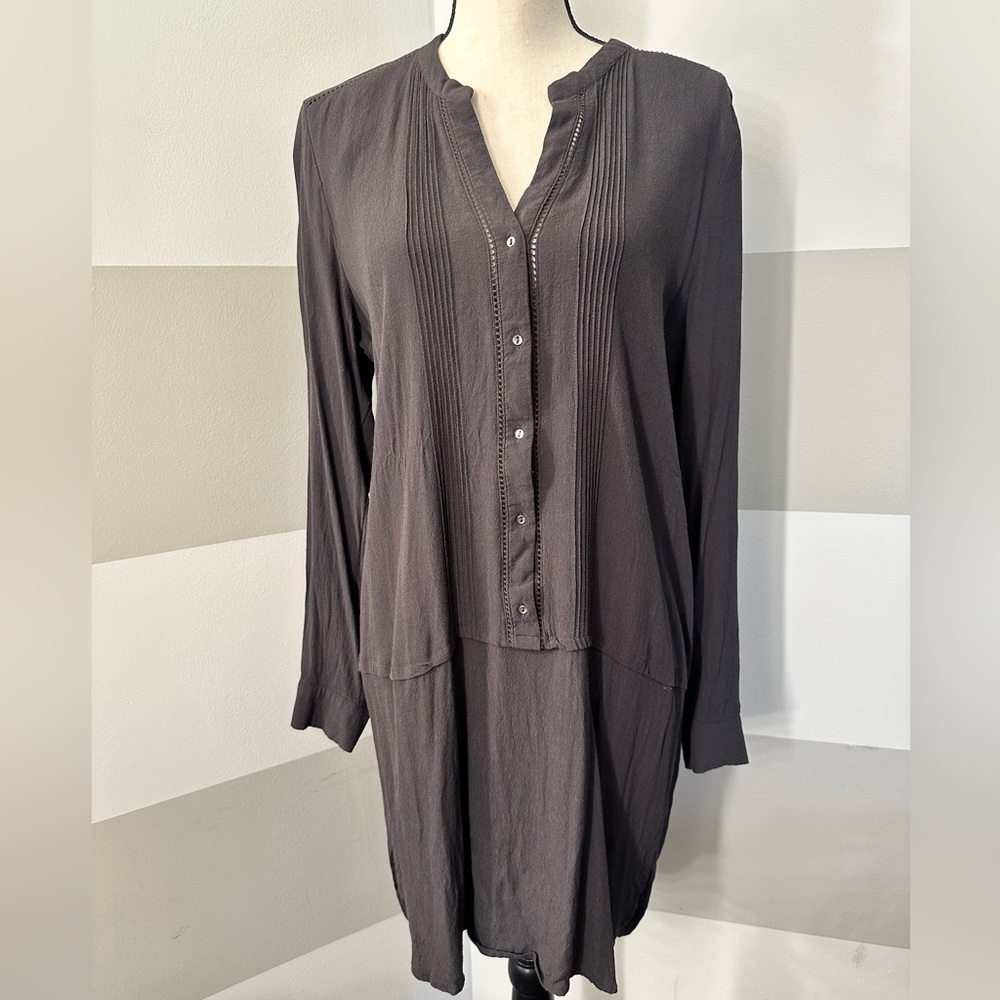 H&M Women's Charcoal Gray Long Sleeve V Neck Tunic Blouse Shirt Dress size 12-14